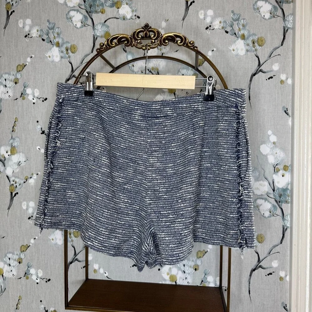 1.STATE Blue White Tweed Fringed High Waisted Shorts‎ Womens Size 12 Zip Fly